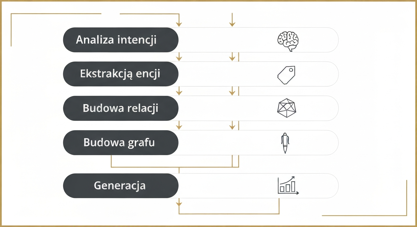 5-step infographic of content pipeline: Analiza intencji to Generacja for LLM citation.